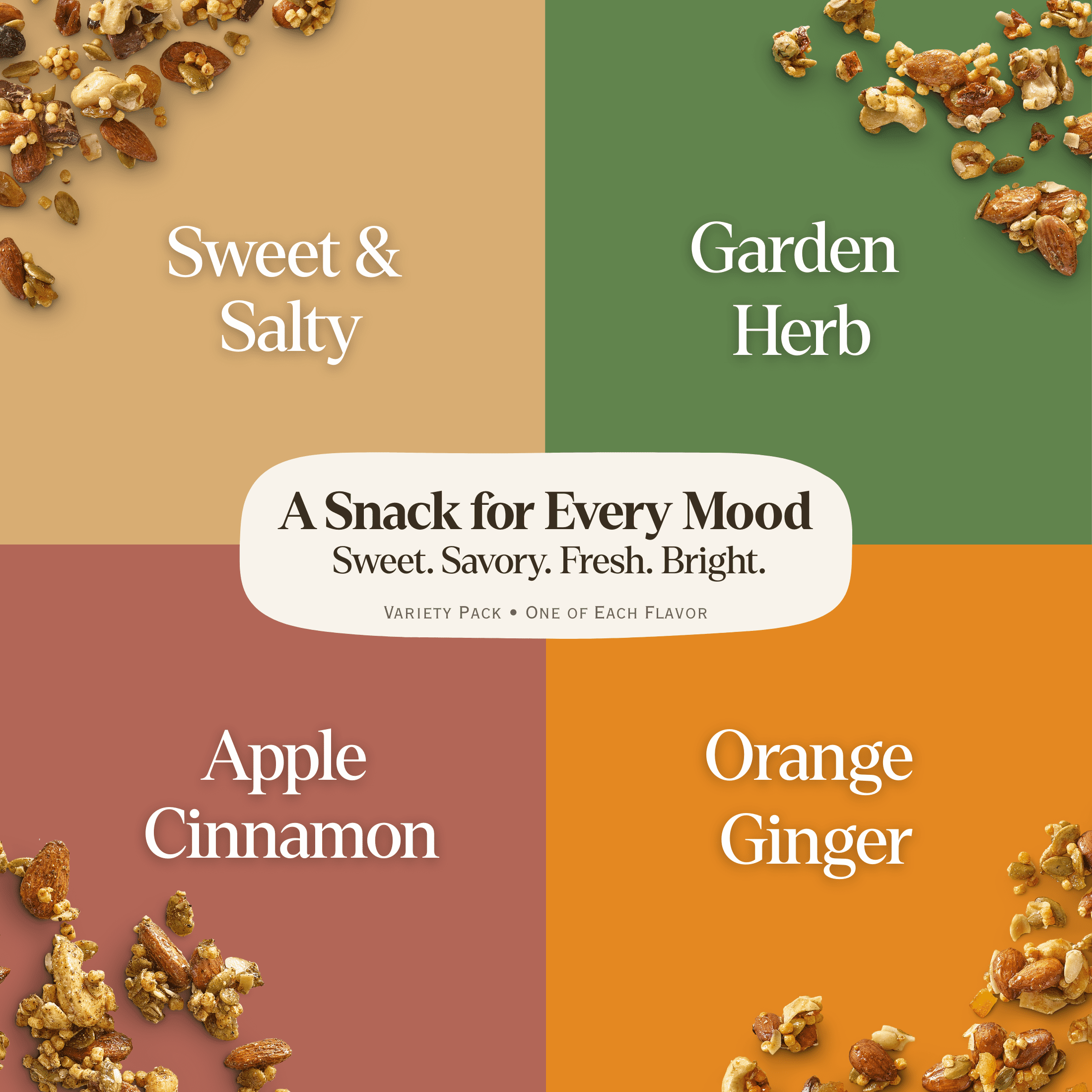 Purely Sprouted Snack Clusters Assortment with Almonds and Cashews, Apple Cinnamon, Sweet & Salty, Garden Herb, Orange Ginger, 4 oz Bags, 4 pack