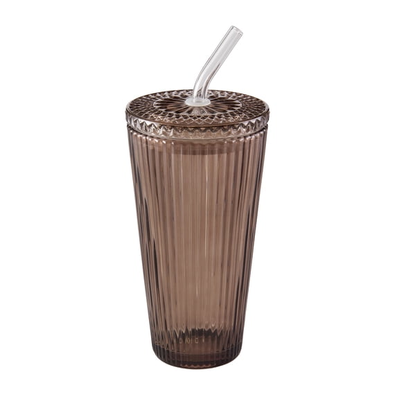 Better Homes & Gardens 21 oz Brown Ribbed Tumbler with Glass Lid and Straw