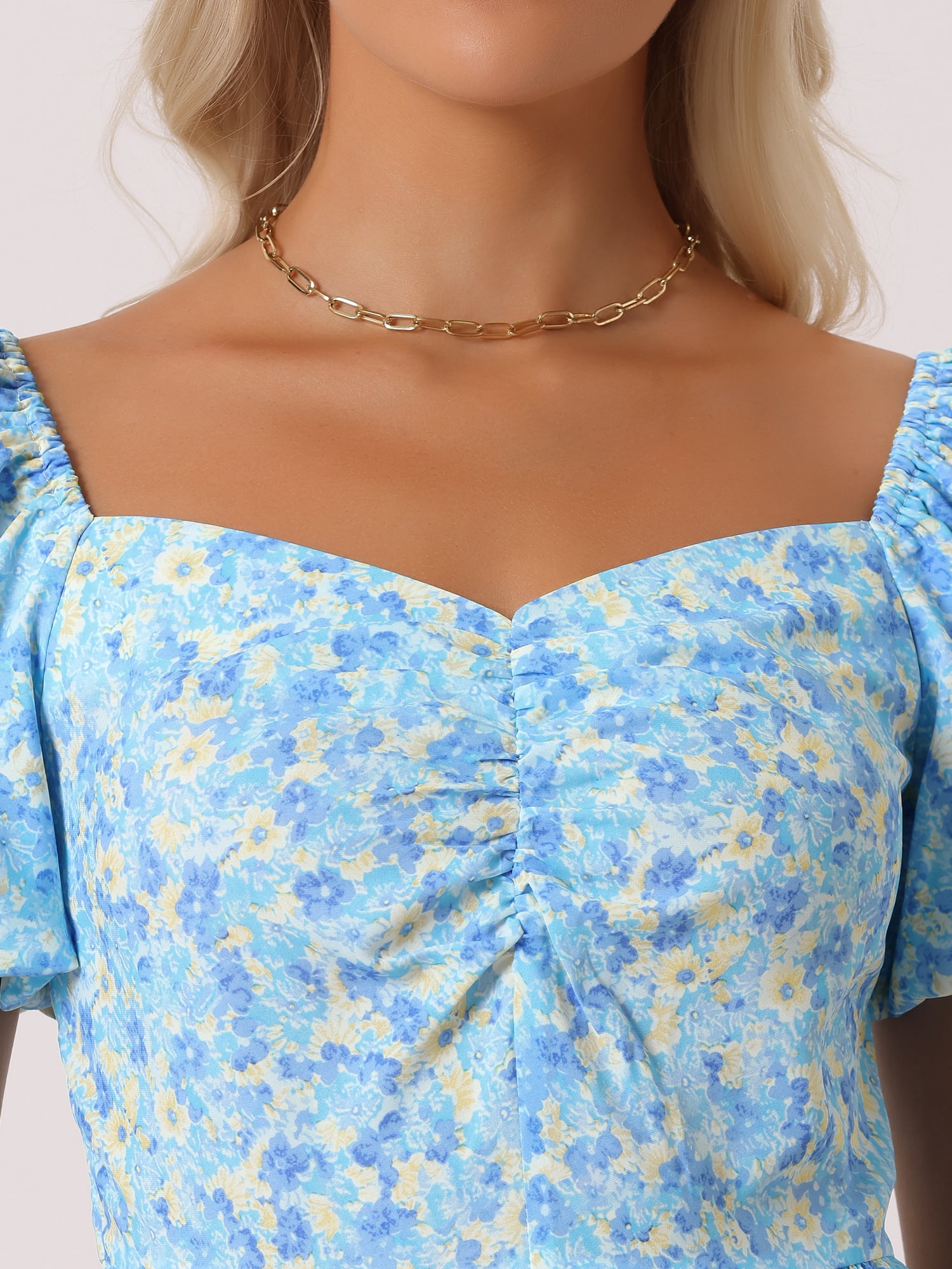 DARING DIVA  Boho Floral Print Midi Puff A-Line Dress XL Blue