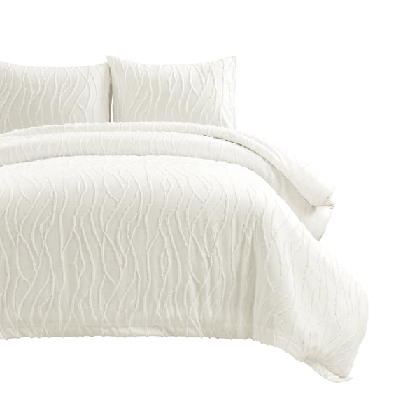 Lush Decor Jacquard Wave Duvet Cover Set, 3 Piece Set, Full/ Queen, Soft White - Textured Bedding Set - Tufted Clip Jacquard Design - White Duvet Cover - Cottage & Coastal Bedroom Decor