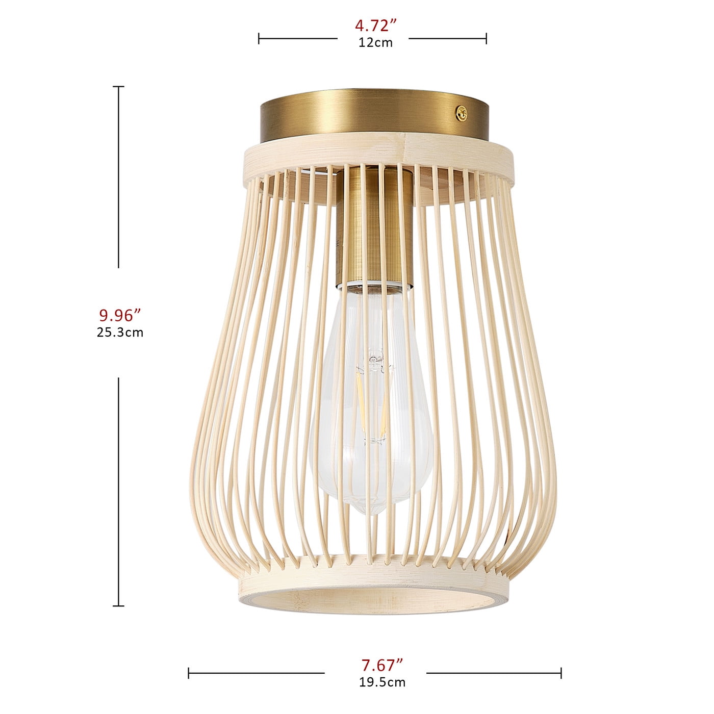 Modern Gold Caged Semi Flush Mount Ceiling Light, Vintage Boho Farmhouse Natural Bamboo Ceiling Light Fixture for Hallway Bedroom Kitchen Foyer