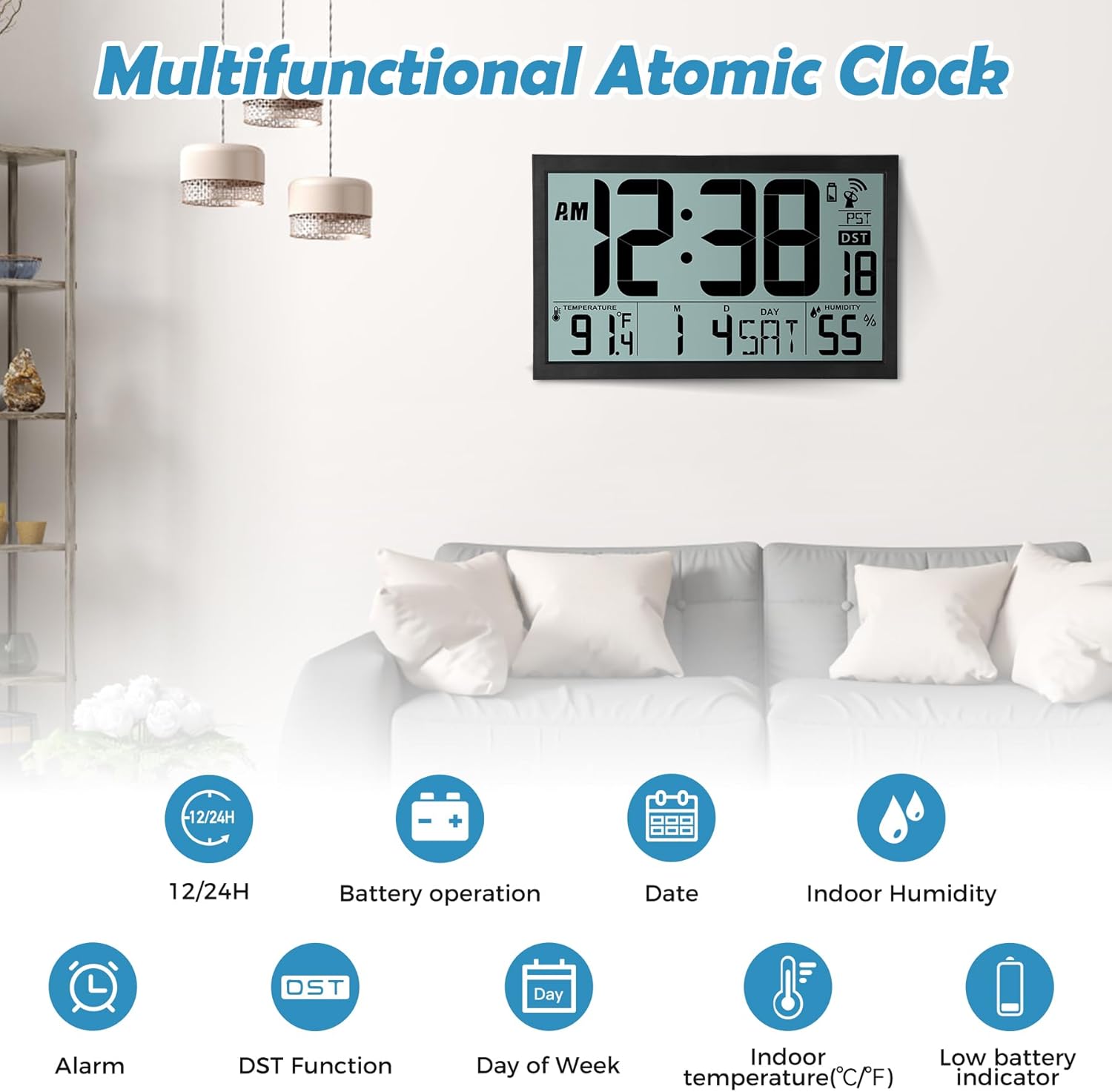 16.7 Inch Large Digital Atomic Wall Clock with Calendar Temperature Humidity Indoor Display Battery Operated Auto Setting for Bedroom Office Classroom