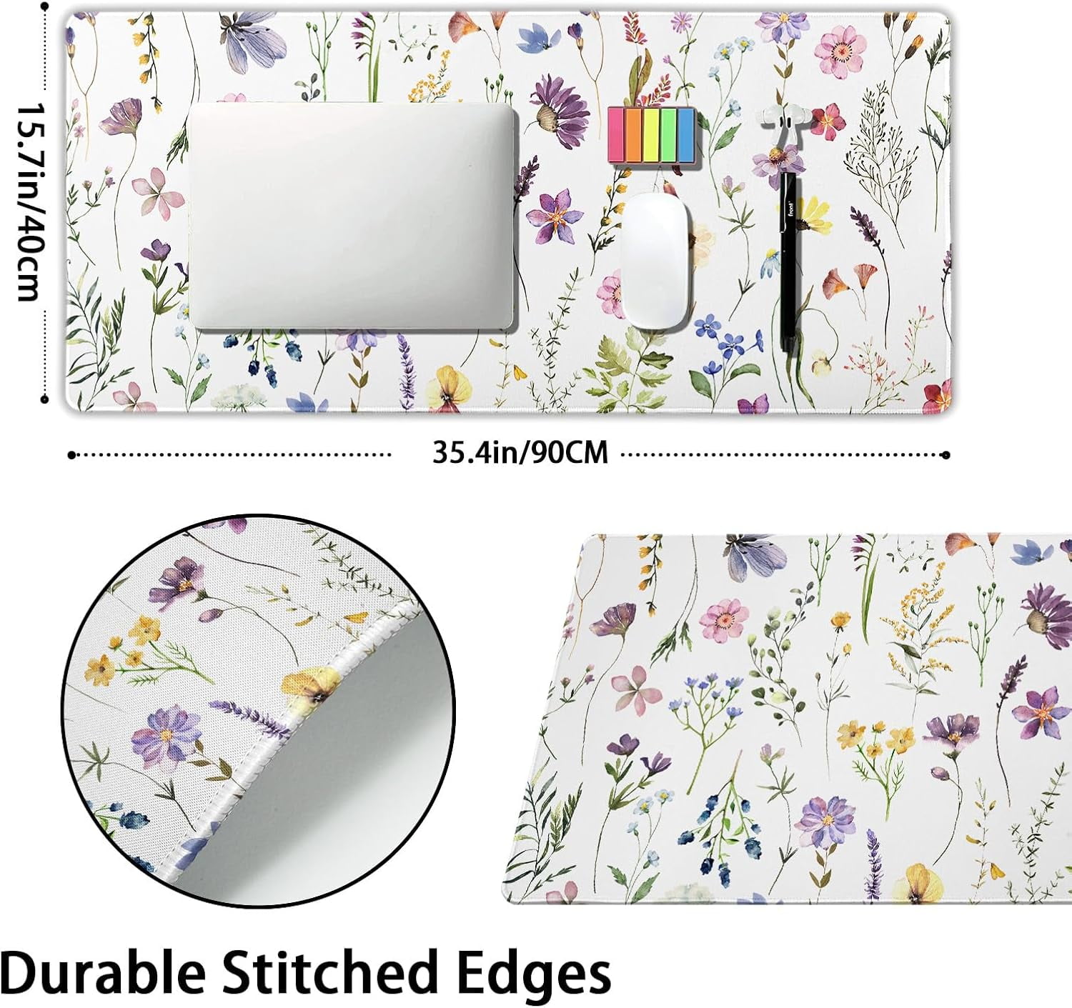 Pretty Flowers Mouse Pad XXL Cute Floral Chic Plant Spring Summer Extended Table Mat 90X40 CM Non-Slip Rubber Base Stitched Edge Large Mousepad for Gaming Laptop Computer Desk Top 35.4×15.7 Inch
