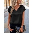 thumbnail image 5 of Women Silk Satin Tops Cap Short Sleeve Blouse V Neck Shirts Business Casual Outfits Black L, 5 of 7
