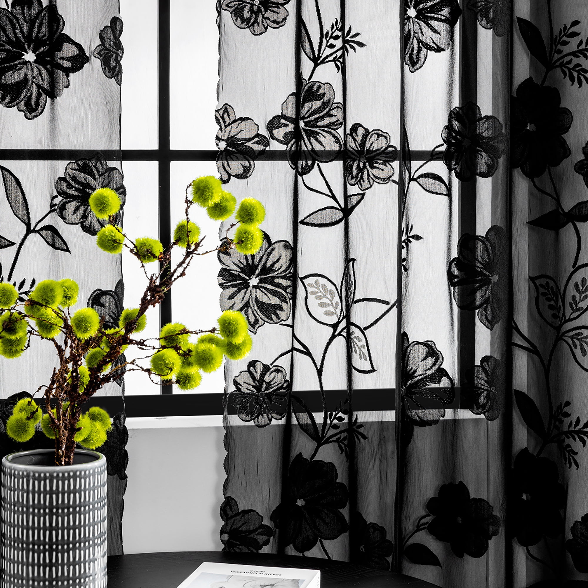 Exultantex Black Lace Sheer Curtains for Bedroom Living Room 63 inch Elegant French Rose Floral Embroidered 54"w Rod Pocket