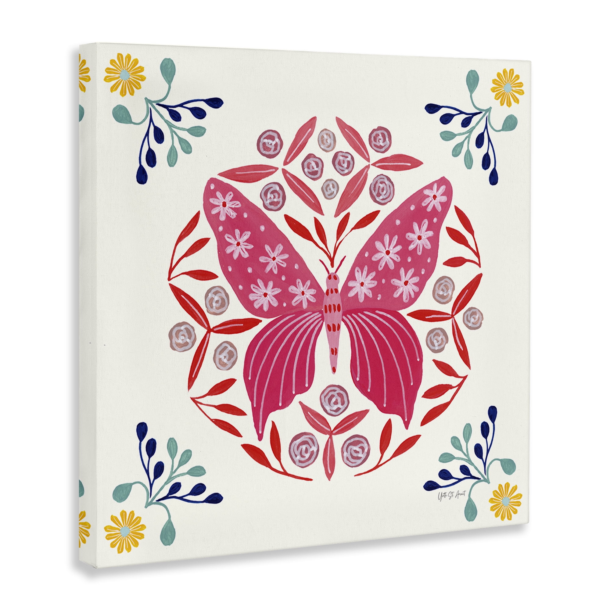 Stupell Industries Pink Folk Butterfly Insects Painting Wrapped Canvas Art Print Wall Art, 24 x 24