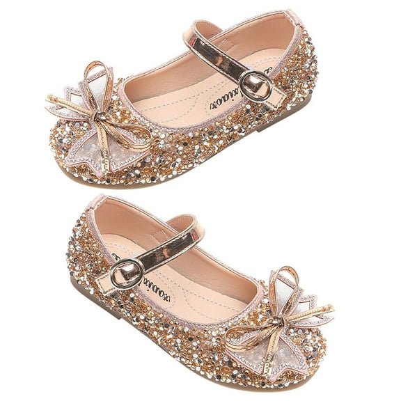 Hytrove Golden Toddler Girl Dress Shoes with Bow and Rhinestone Decor for Wedding Comfortable Artificial Leather and Rubber