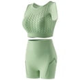 thumbnail image 5 of Women's Summer Yoga Workout Sets Hollow out Mesh Cropped Tops Sports Bra with Leggings Shorts Matching Suit for Outdoor Running Sports Mint Green One Size, 5 of 5