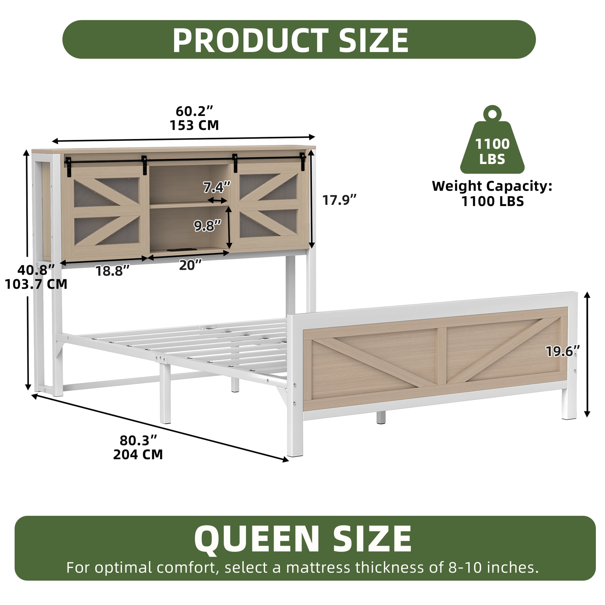 Uforic Oak Queen Size Bed Frame with Steel Mesh barn Door, Charging & Storage, Platform Bed in Modern Rustic Design