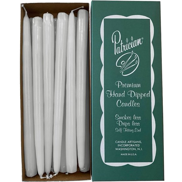 Patrician Bougies Coniques Trempées à la Main, Lot de 12, Blanches, Sans Coulure et Sans Fumée