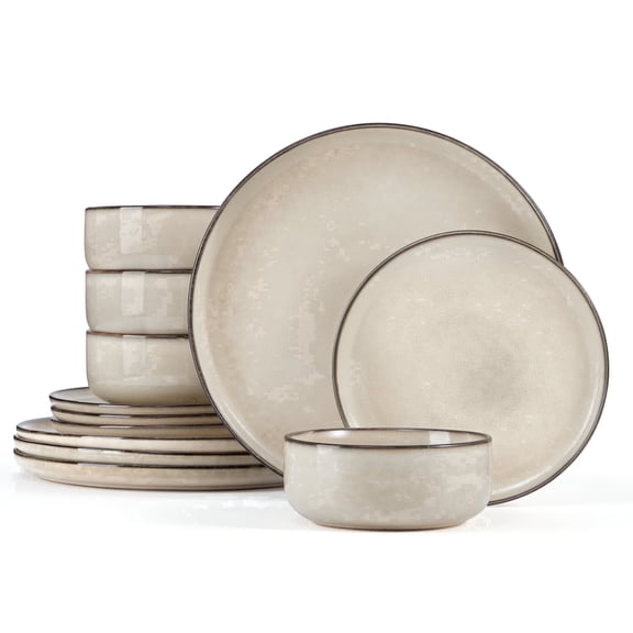 Onader 12 Piece Dinnerware Sets, Plates and Bowls Set for 4, Handmade Stoneware Dishes Sets for Home Restaurant, Dishwasher & Microwave Safe - Khaki