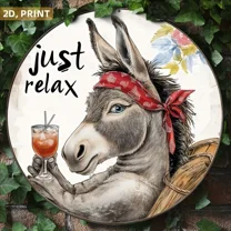 HELLOYOUNG Retro Donkey Drinking Aluminum Wall Sculpture 8x8"|2D Flat,"Just Relax",Halloween&Christmas Gift,Living Room/Office Decor