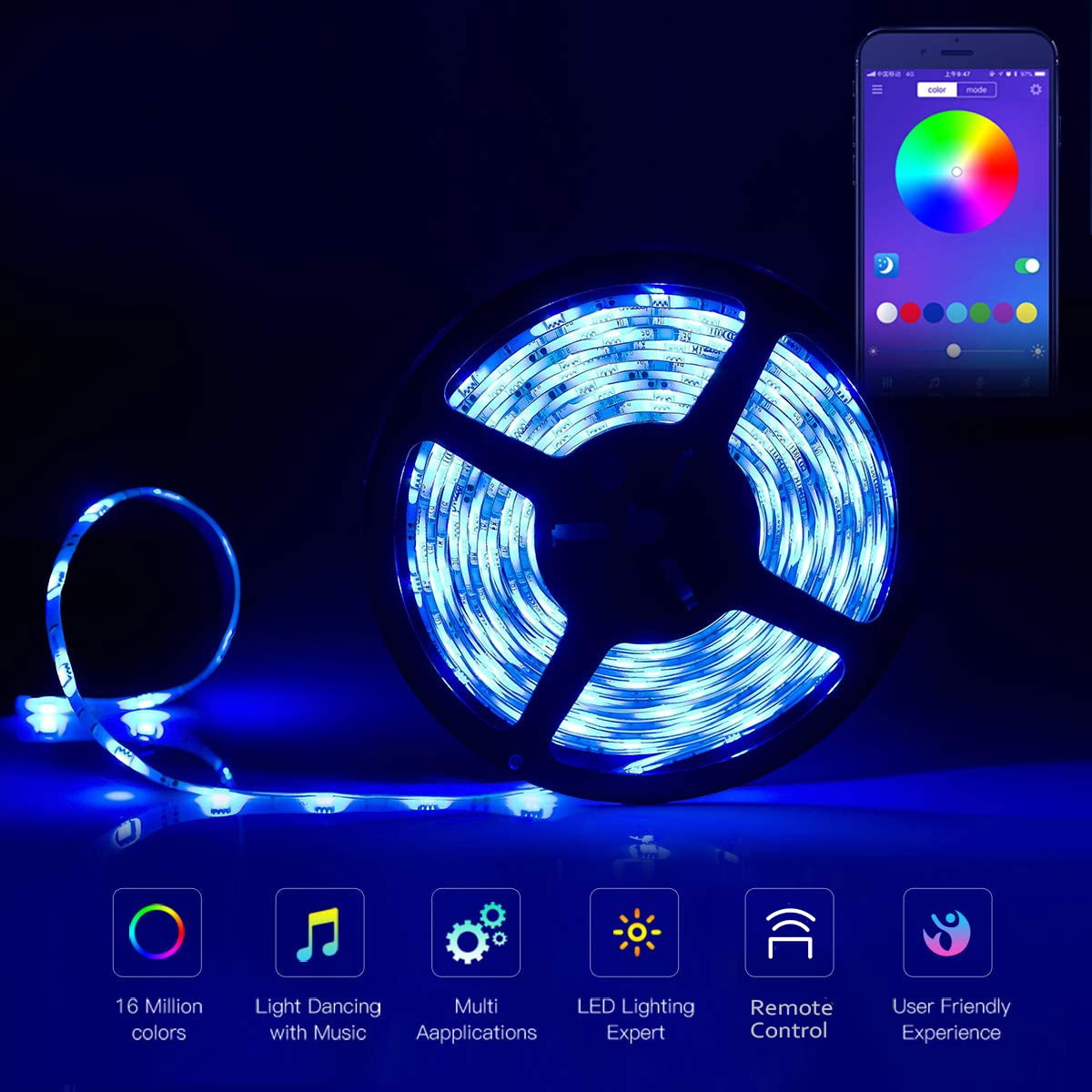 Flexible RGB LED Color Changing Light Strip Sound Activated w// Remote Control