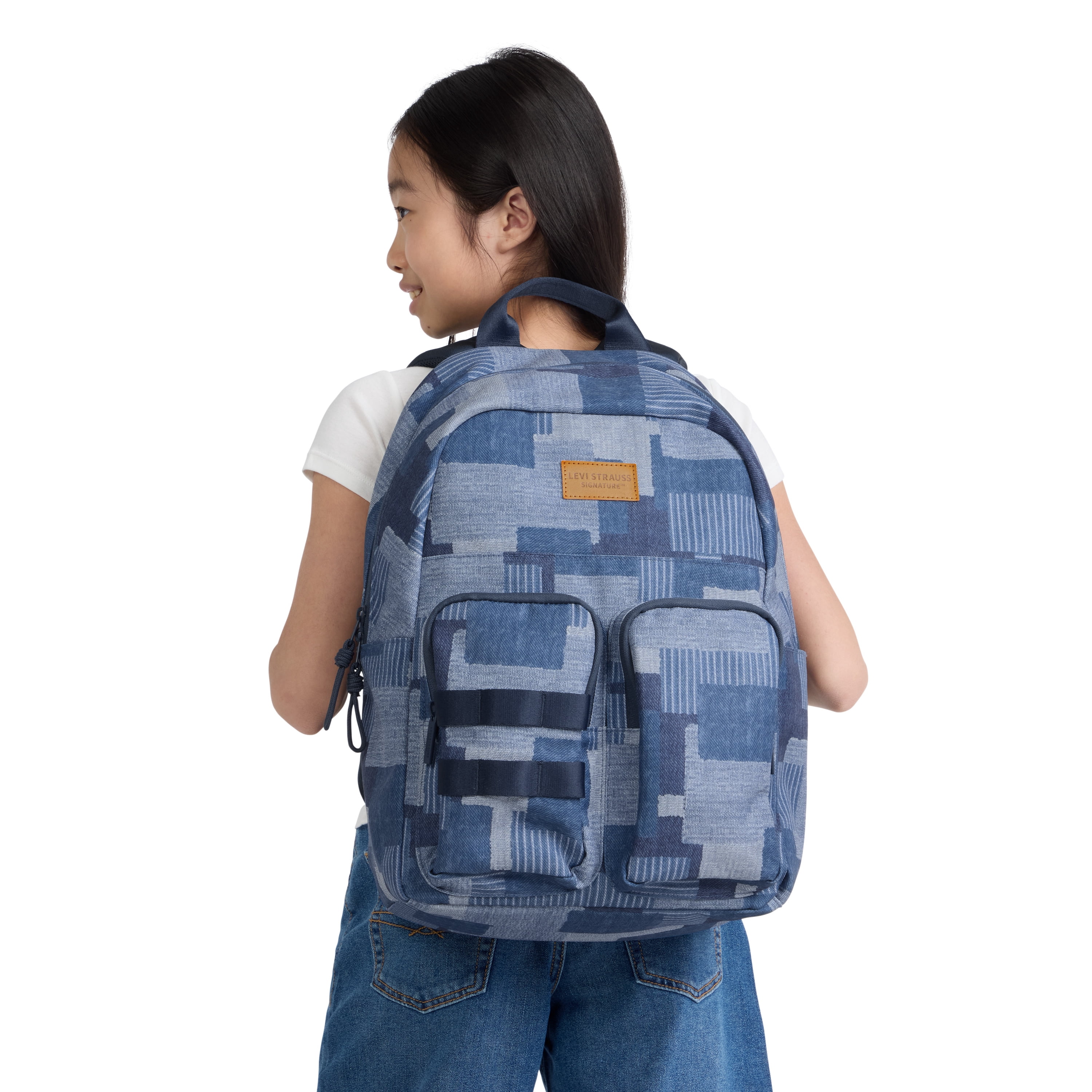 Levi Strauss Signature Unisex 17" Two Pocket Backpack, Denim Patchwork