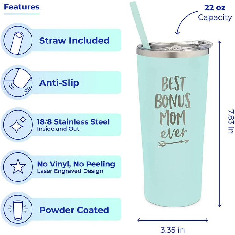 SassyCups Best Bonus Mom Ever Insulated Stainless Steel Tumbler | 22 Ounce  Engraved Mint Travel Mug with Lid and Straw | Stepmom - Mother in Law 