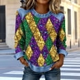 thumbnail image 3 of Craaazy Mardi Gras Shirts for Women Long Sleeve Casual Round Neck Carnival Printed Loose Denim Patchwork Printing Fashion Clothes Gifts, 3 of 5