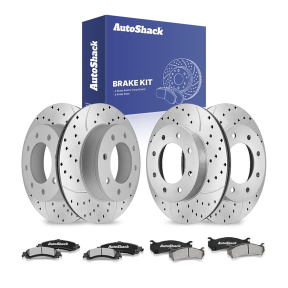 AutoShack Front Vented & Rear Vented Drilled & Slotted Coated Brake Rotors Silver Matte Finish   Ceramic Pads 12-PC Brake Kit Replacement for 2001-2006 GMC Sierra 1500 TurboGuard