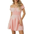 thumbnail image 1 of SUNSIOM Women Summer Short Dress, Solid Color Ruched Bust Boat Neck Off Shoulder Puff Sleeve A-Line One Piece for Ladies, 1 of 8
