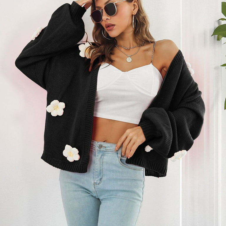Knit Cardigan Sweater for Women Embroidered Flowers Drop Shoulder