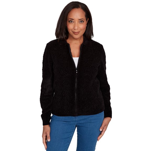 Alfred Dunner Womens Zip-Front Chenille Collared Cardigan