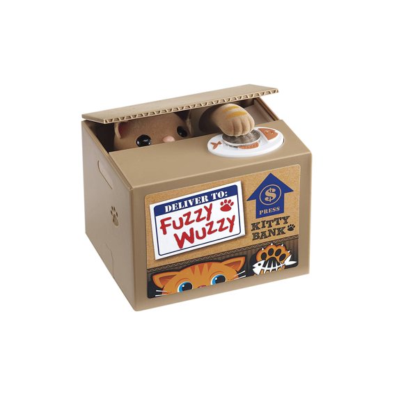 Leading Edge Animated Cat Coin Bank - Fuzzy Wuzzy Mechanical Kitty Piggy Bank - Cat Snatches Coin