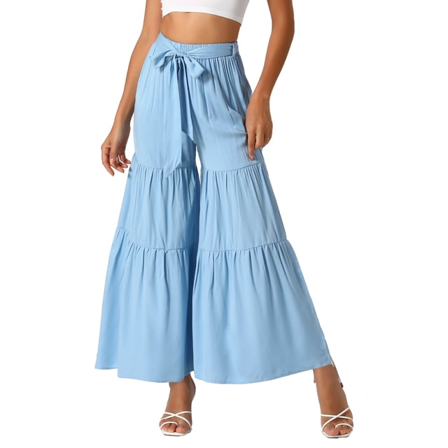 Pantalones Boho para Mujer INSPIRE CHIC con Cintura Alta Elástica y Volantes, Pantalones Palazzo de Pierna Ancha Chic, Color Azul Claro M