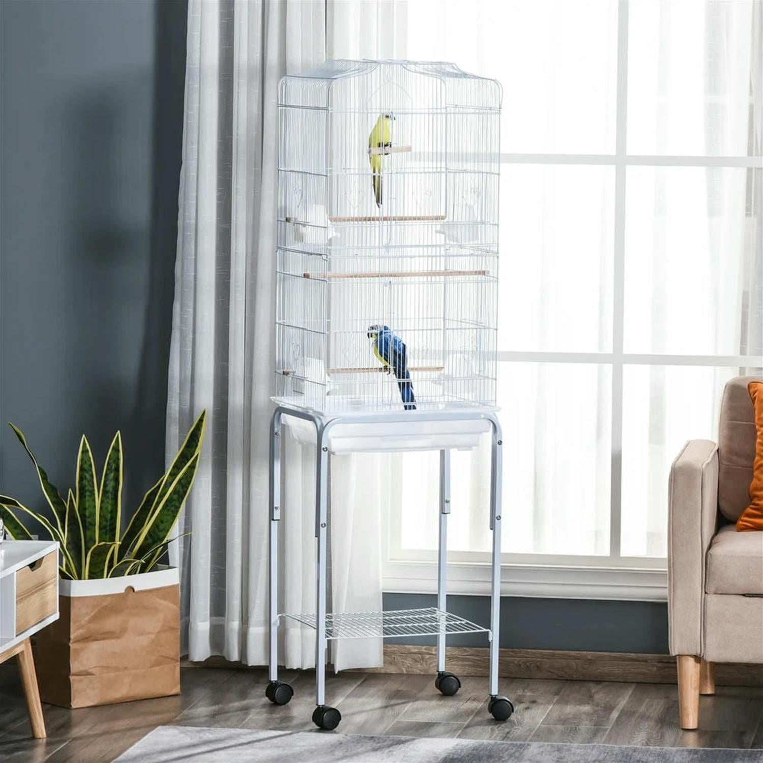 Kadyn 61" Height Metal Indoor Bird Cage Aviary Parakeet House with Detachable Rolling Stand for Parrots Conures Lovebird Cockatiel Parakeets, White