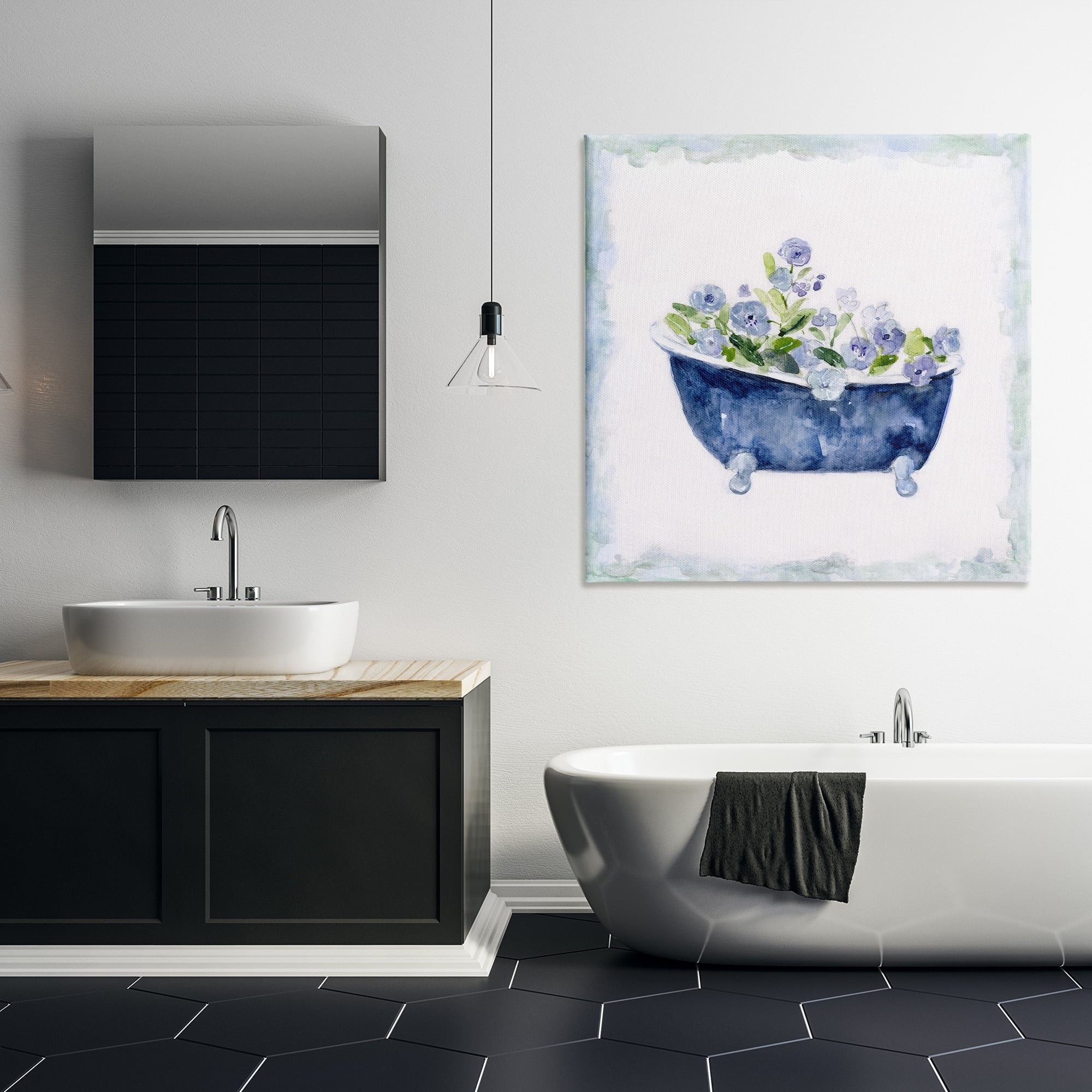 Stupell Industries Charming Blue Bathtub Botanical Floral Design Watercolor Border Gallery-Wrapped Canvas Print Wall Art, 36x36, by Sally Swatland