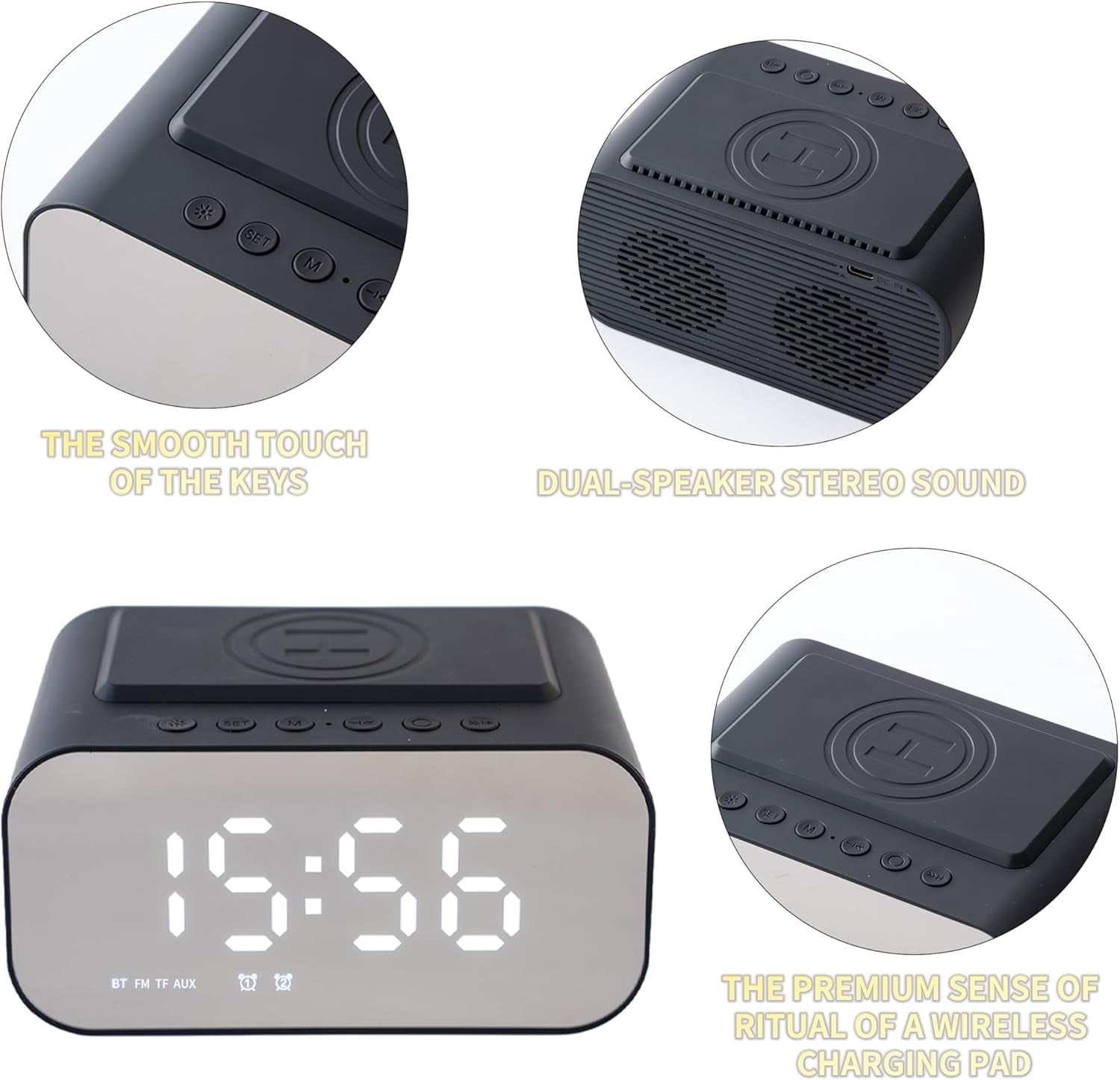 Bluetooth Digital Alarm Clock for Bedroom, Loud Alarm Clock, Wireless Speaker, USB AUX Charger, Hands-Free Calling Function, Dual Alarm, 24 Adjustable Brightness