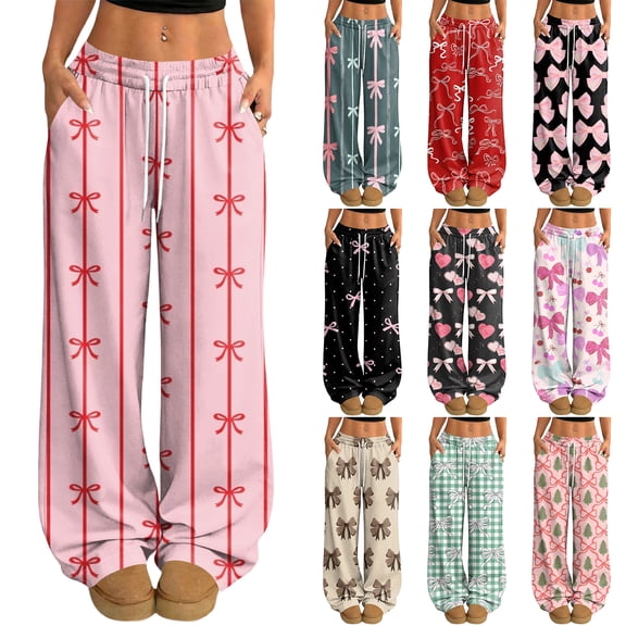 Hearthz Pj Pants Women Drawstring Wide Leg Valentine's Day Bowknot Comfy Pants for Women Baggy Soft Comfy Lightweight Sleep Pants for Women Soft
