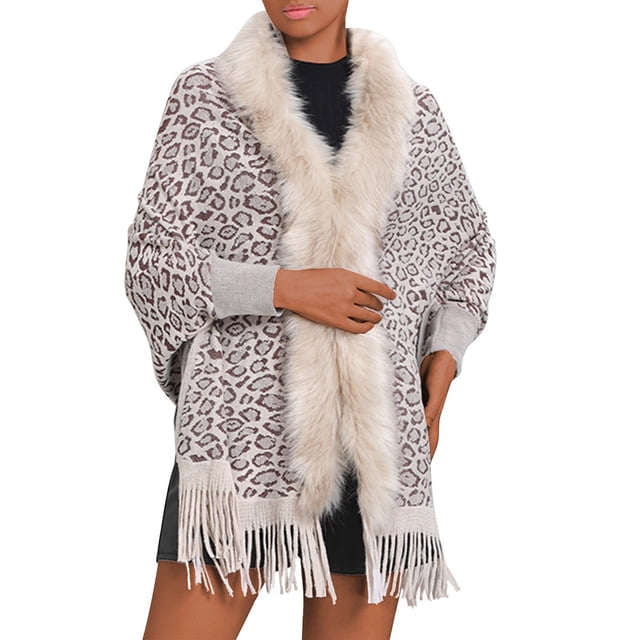 EGNMCR Cardigan Womens Veste Tricotée à Col Châle Imprimé Léopard avec Manches Amples Cardigan Womens polyester top