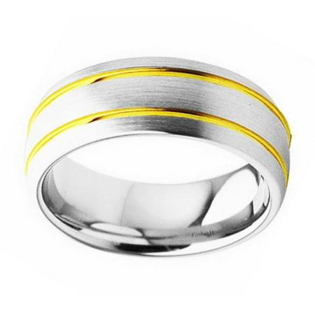 - Men Women Cobalt Wedding Band Ring 8mm Domed Brushed Finish With Gold Tone Double Grooves SZ 8