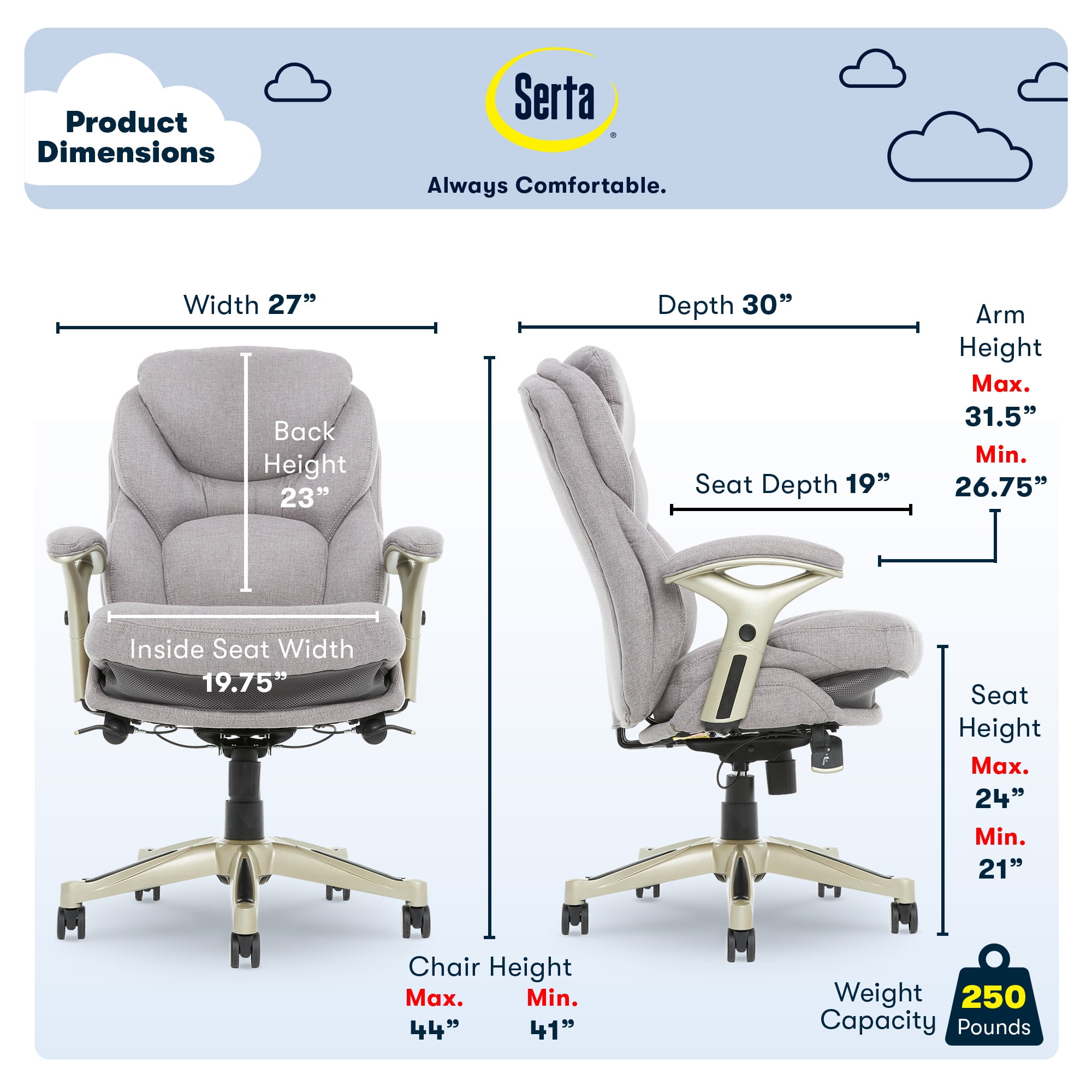 Serta Claremont Executive Office Chair with Back-In-Motion Technology, Ergonomic Mid-Back with Pivot Lumbar Support and Seat, Plush Cushion, Body Pillows, Adjustable Arms, Light Gray Fabric