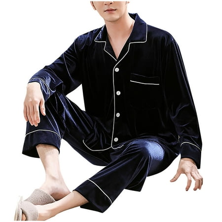 

Pajamas Set Two-piece Pj Sets Solid Color Long Sleeve Sleepwear Notch Collar Button-Down Loungewear Pj Set with Front Pocket