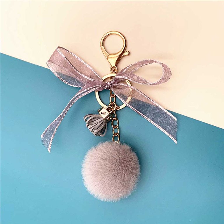 1pc Pom Pom Bow Charm Keychain Cute Fluffy Keyring Bag Suitcase