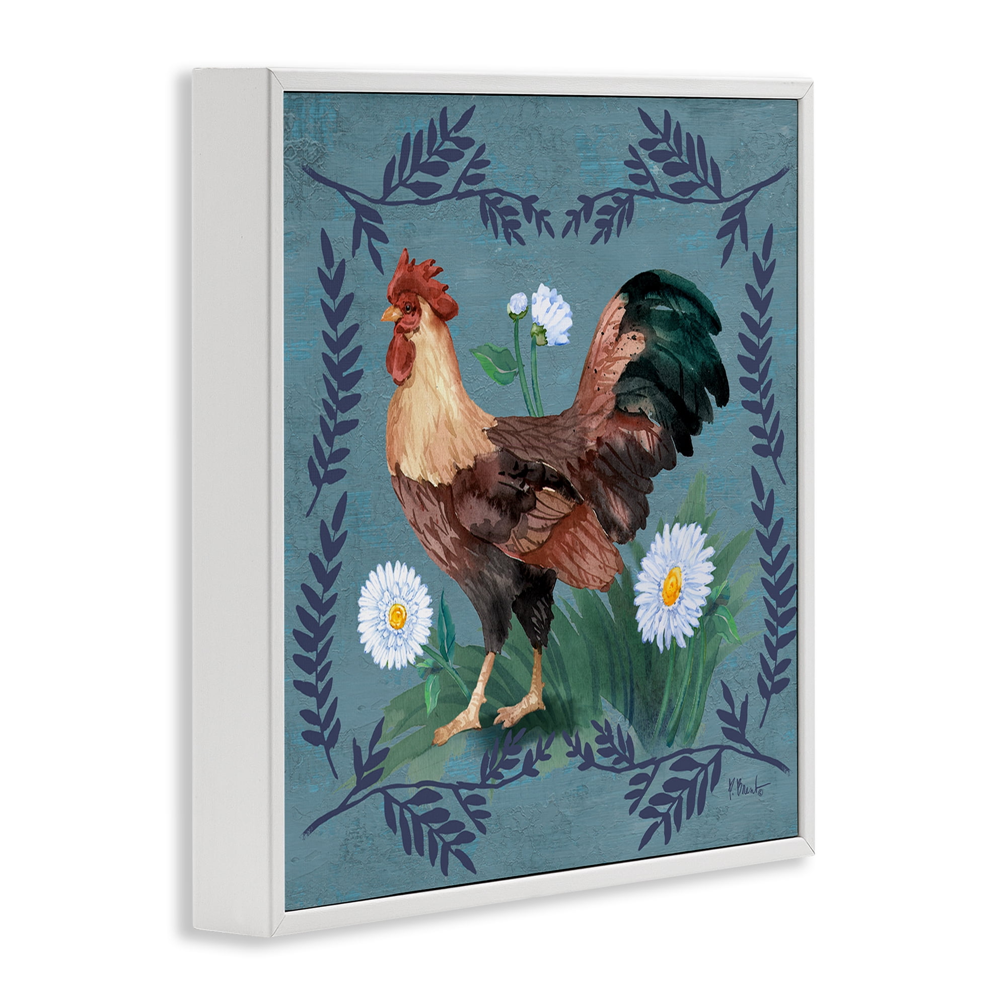 Stupell Industries Rooster & Fern Trim Animals & Insects Painting White Framed Art Print Wall Art, 12 x 12