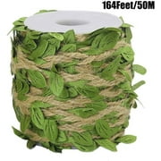 Ariskey Burlap Leaf Ribbo, 164Feet/50Meters Natural Jute Twine with Leaves for Wedding Packing and Garden Decoration