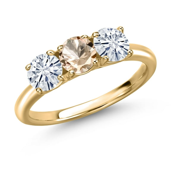 Gem Stone King 10K Yellow Gold Peach Morganite and White Moissanite Engagement Ring for Women | 1.40 Cttw | Round 5MM | Gemstone October Birthstone | Size 8