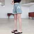 thumbnail image 3 of Afuyipoi Tween Girls Denim Shorts,Elastic Waist Ripped Hem Summer Jean Shorts Blue 8-9, 3 of 7