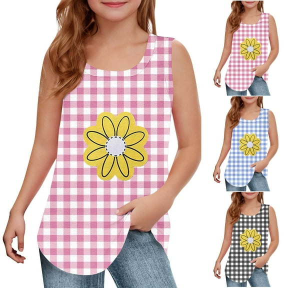 Cethrio Girls Tank Tops, Floral Printed Summer Casual Holiday Sleeveless Tops Blue Size 7-8T