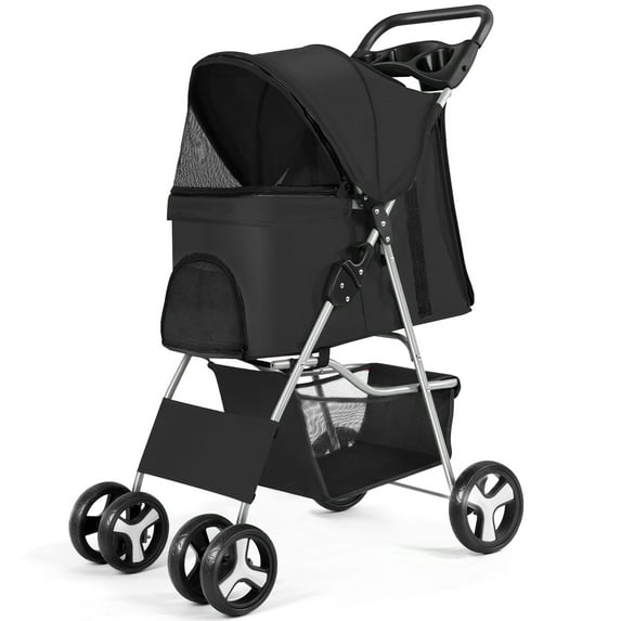 Pet Stroller 4 Wheels Cat/Dog Stroller Pet Cart Folding Travel Carrier, Black