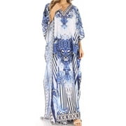 Sakkas Anahi Flowy Design V Neck Long Caftan Dress / Cover Up With Rhinestone - SB51-Turq - One Size
