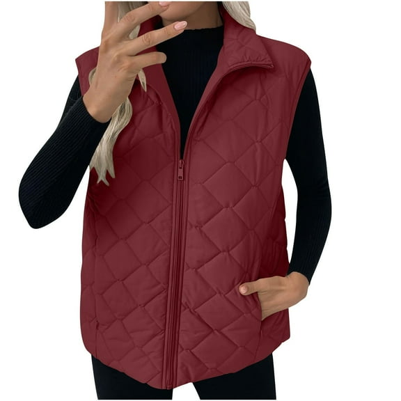 Enjoytime Coats for Women Solid Color Sleeveless Stand Collar Zip Up Jackets Fall Fashion Vests Cozy Warm Casual Outerwear
