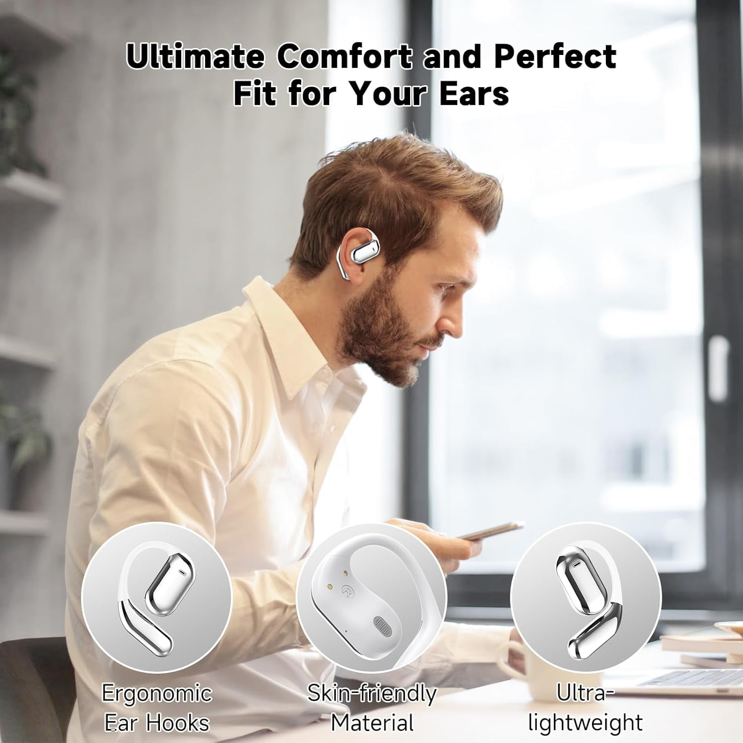 Open Ear Bluetooth 5.4 Headphones,Wireless Bone Conduction Earbuds Built-in Mic Sport Over Earphones with Comfort Ear Hooks LED Display Charging Case,Waterproof IPX7 Design for Running Fitness,White