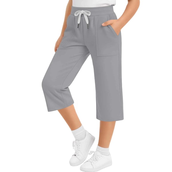ATOGUTA Girl's Capris Pants Summer Loose Straight Leg Pants Elastic Waist Preppy Casual Trousers Gray, Size 5T-15