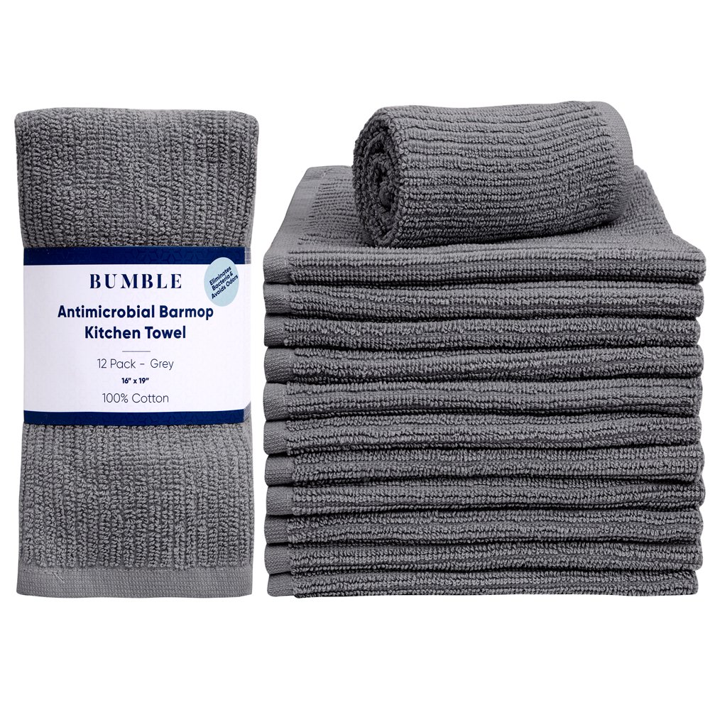 Bumble 12Pack Antimicrobial Barmop Kitchen Towels / 16” x 19” Premium