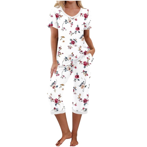 Wensltd Printing Short Sleeve Pajamas Sets Womens Capri Pants with Pockets Loose Sleepwear