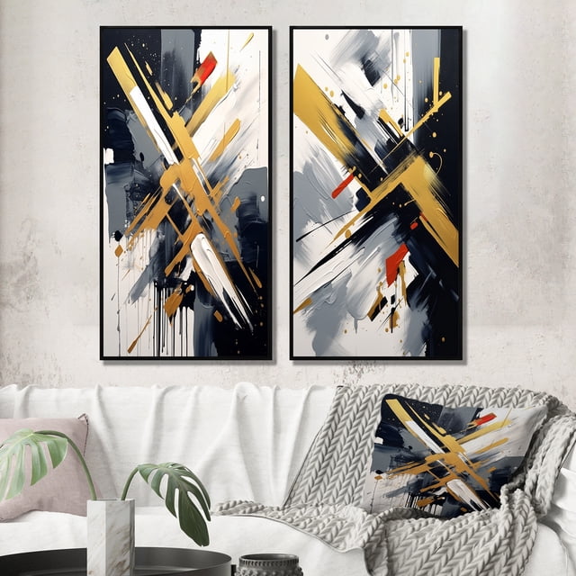 Designart "Abstract Angles in Gold and Black II" Cubism Framed Wall Art Set Of 2 - Gold Abstract Framed Wall Art Set Of 2