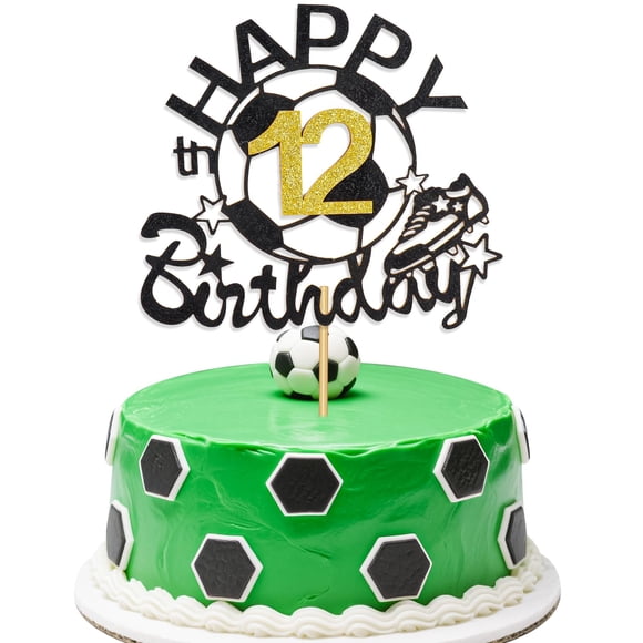 Decoración para tartas FUNCANDLE Soccer con purpurina dorada para cumpleaños número 12