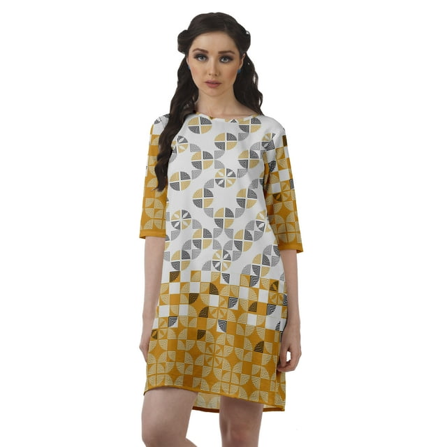 Moomaya Robe d'Hiver Imprimée à Manches 3/4 pour Femmes, Col Rond, Courte, Évasée